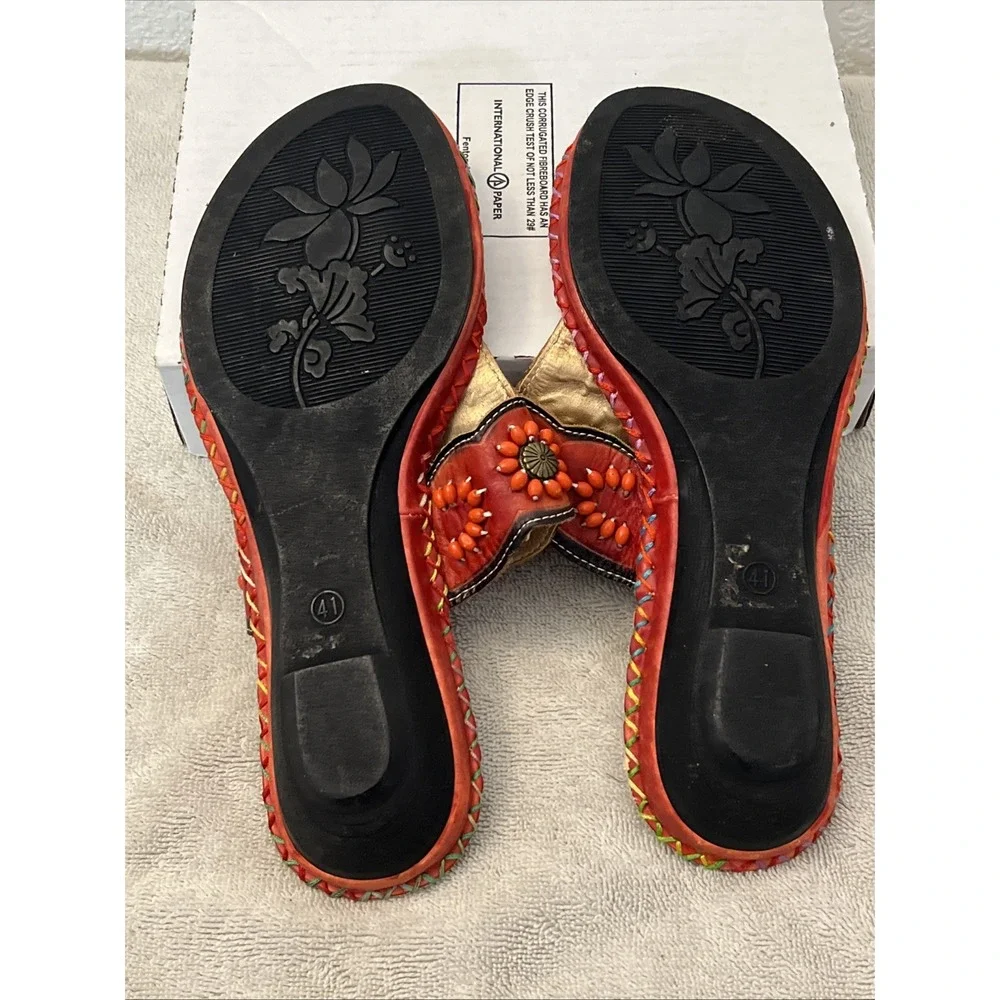 Elite Corky's Sandals Leather Colorful Hand Painted Floral Sz 10 Beaded Beach 41